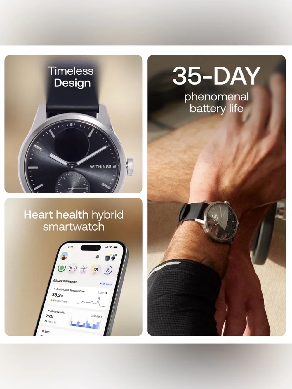 WITHINGS ScanWatch Hybrid Smart Watch, Heart Rate Monitoring, Fitness Tracke